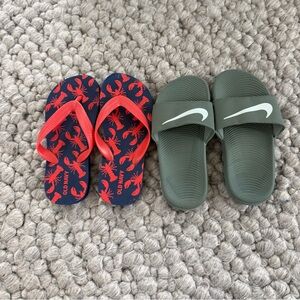 Nike Kawa Slides and Old Navy Kids Navy Flip Flops with Red Lobster Print